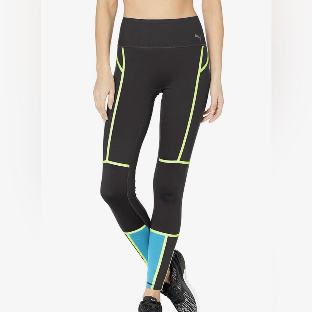 Puma Powershape Black Leggings with Neon Green and Blue Accents